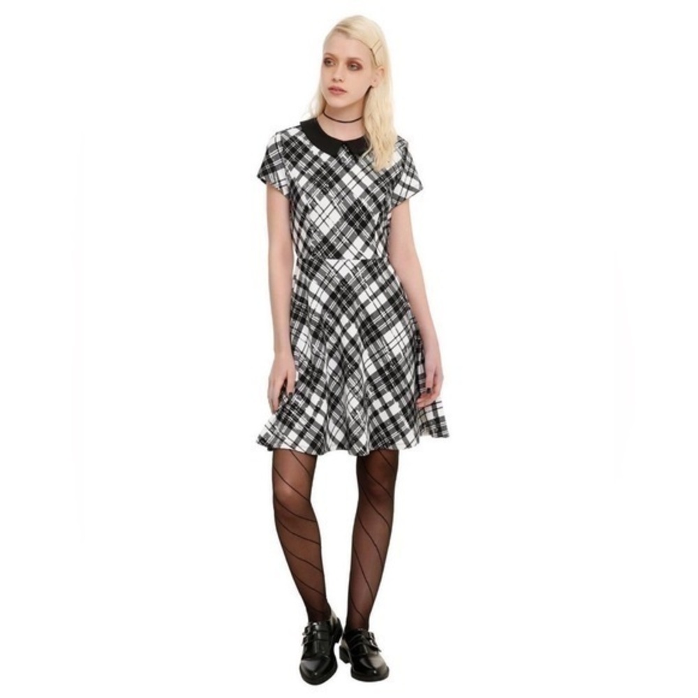 Hot Topic Black & White Plaid Collar Dress Goth Punk Retro Wednesday size Small